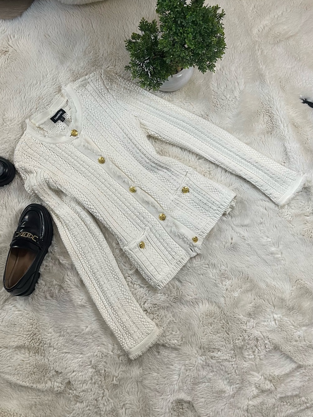 Express Cream Textured Knit Cardigan Gold Novelty Button Lady Jacket Size M
